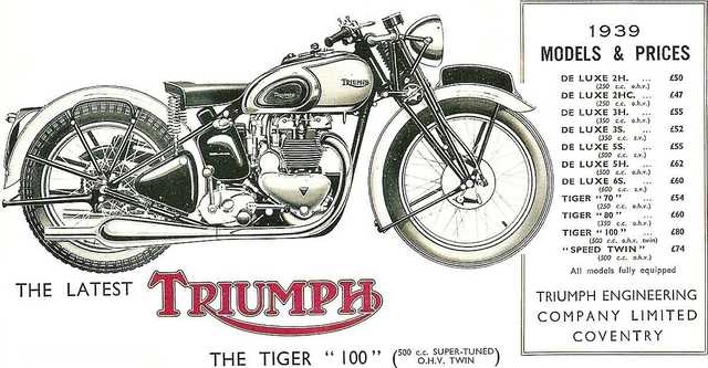 1939 Triumph Liste Gamme de prix