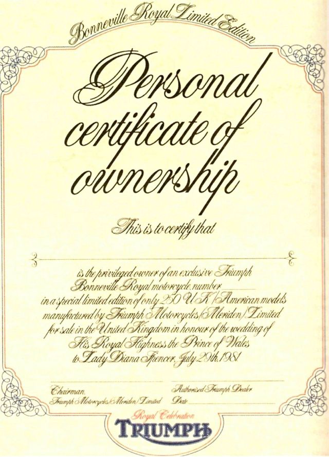 1981 Triumph Bonneville Royal Certificate