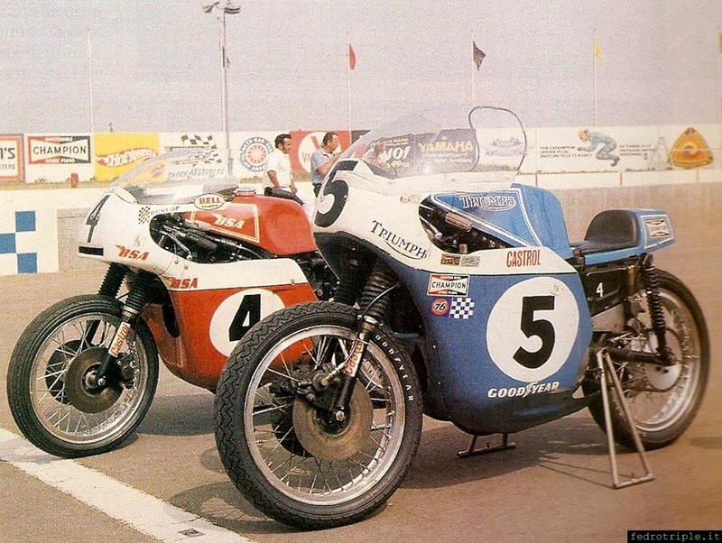 La Triumph Trident e la BSA Rocket 3, entrambe mosse dal trecilindri 750cc, fotogragate nel 1971 a Talladega (USA)