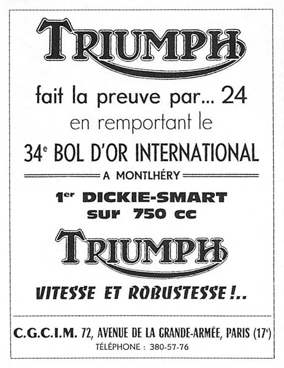 1970 - Pubblicità dell'importatore francese a seguito della vittoria al Bol d'Or