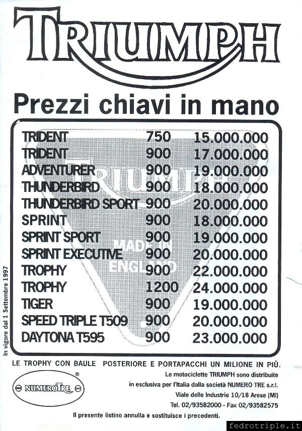 1997 Listino Triumph Numero Tre
