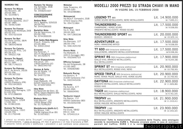2000 Listino prezzi e rete vendita Triumph Numero Tre