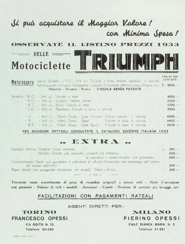 Listino prezzi Triumph 1933